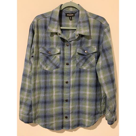 True Religion Long Sleeve Button Down Shirt Graphic Large Letter Medium Plaid - Picture 3 of 9